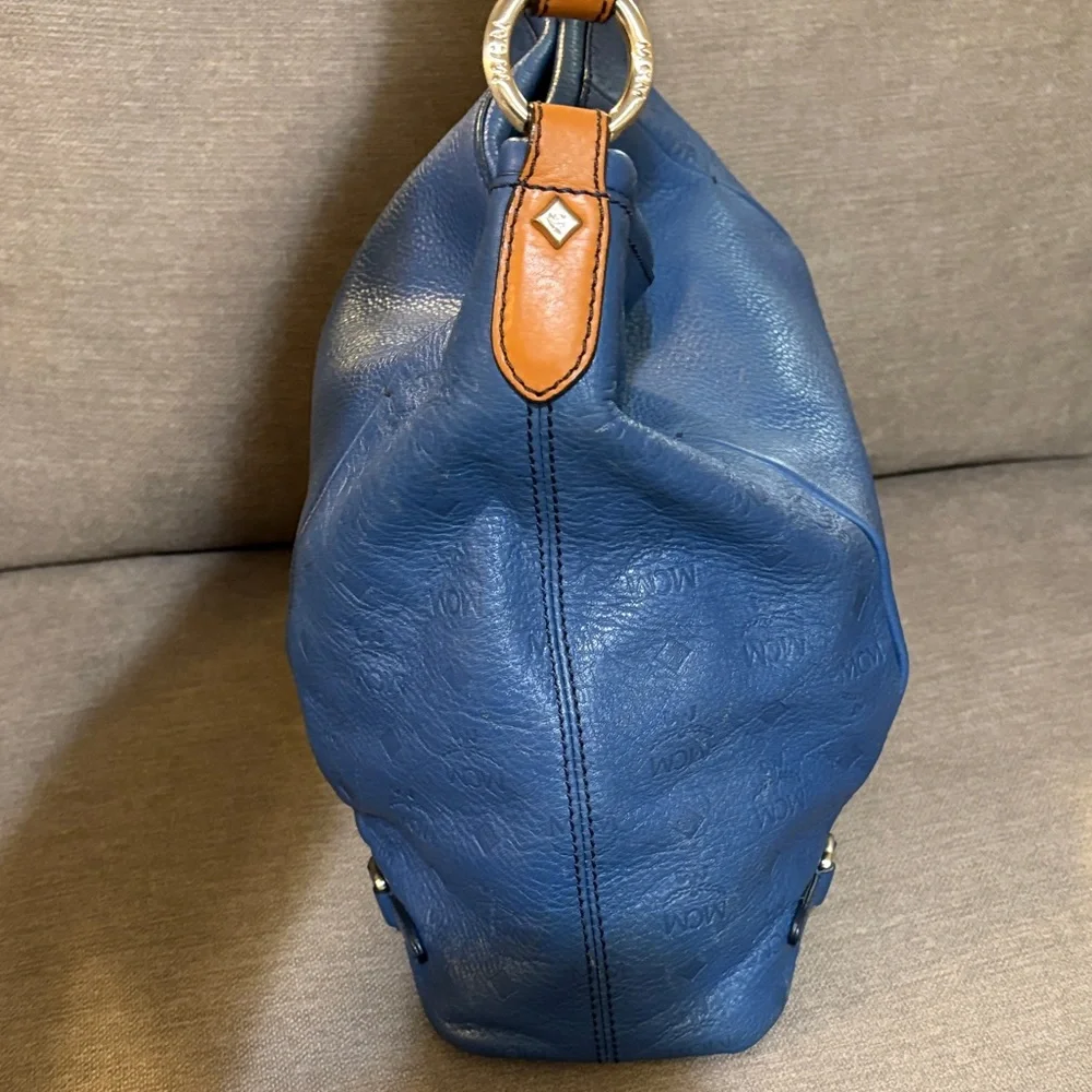 Authentic MCM Blue Leather Shoulder Hobo with Tan Strap